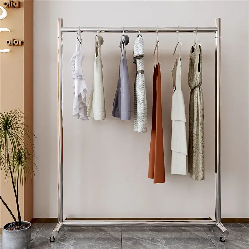 Movable Home Coat Racks Nordic Stainless Steel Rack Clothing Store Display Rack Hanging Clothes Rack Brushed Silver with Wheels