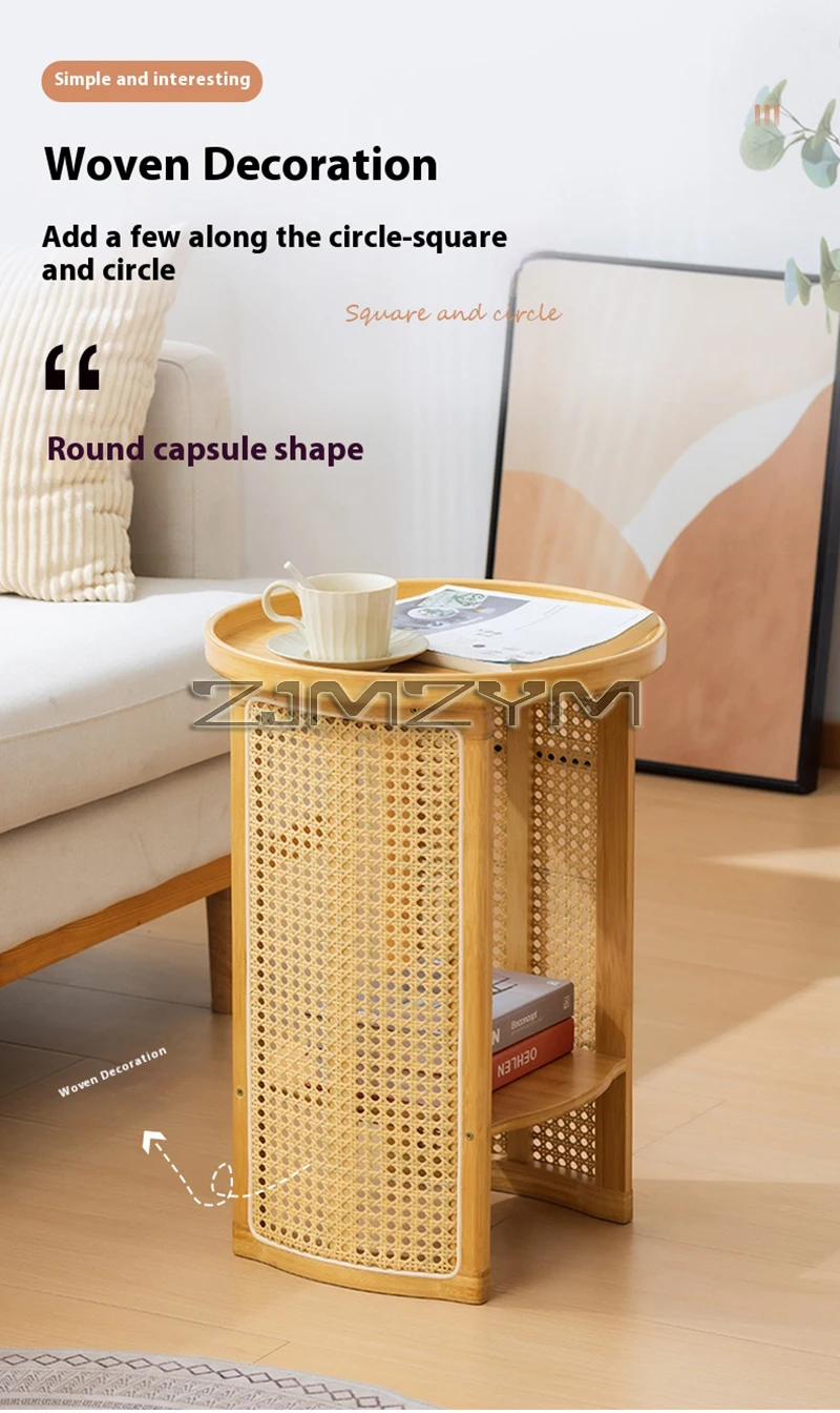 Rattan Side Table Sofa Storage Corner Desk Small Round Coffee Table Double-Layer Edge Bedside Table Balcony Sides Tables