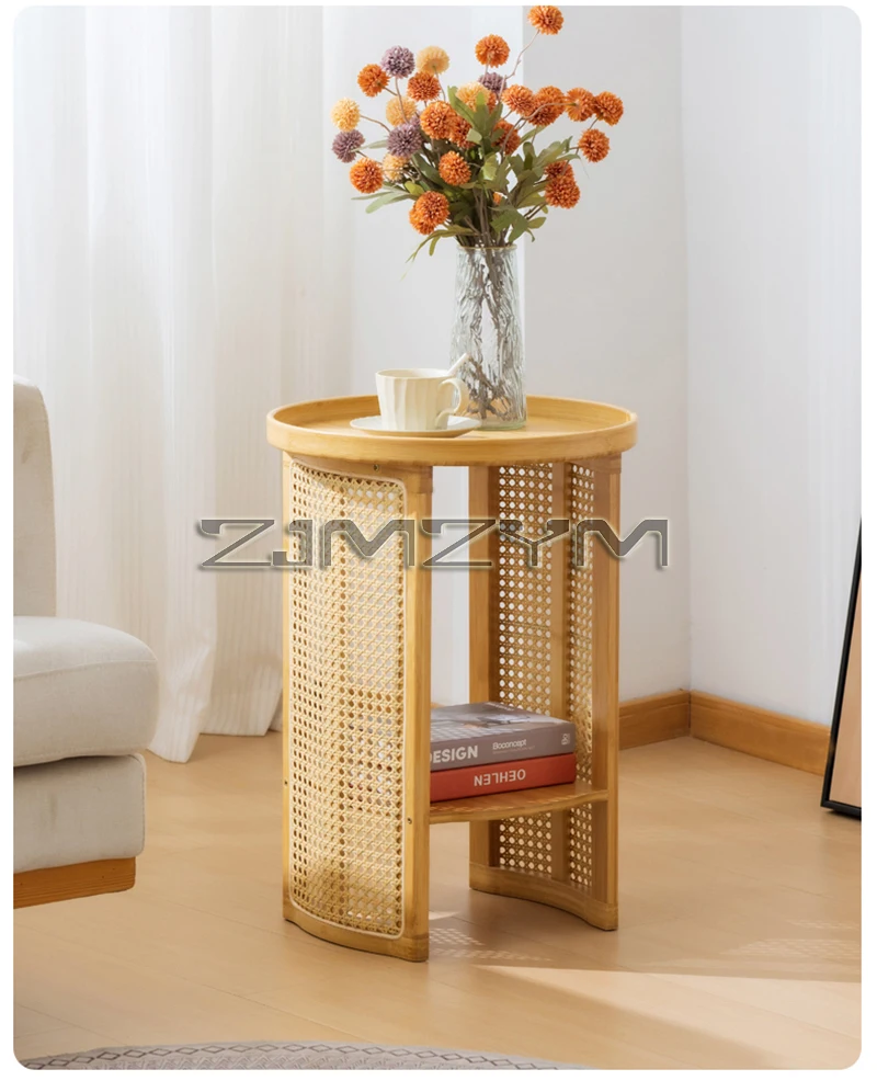 Rattan Side Table Sofa Storage Corner Desk Small Round Coffee Table Double-Layer Edge Bedside Table Balcony Sides Tables
