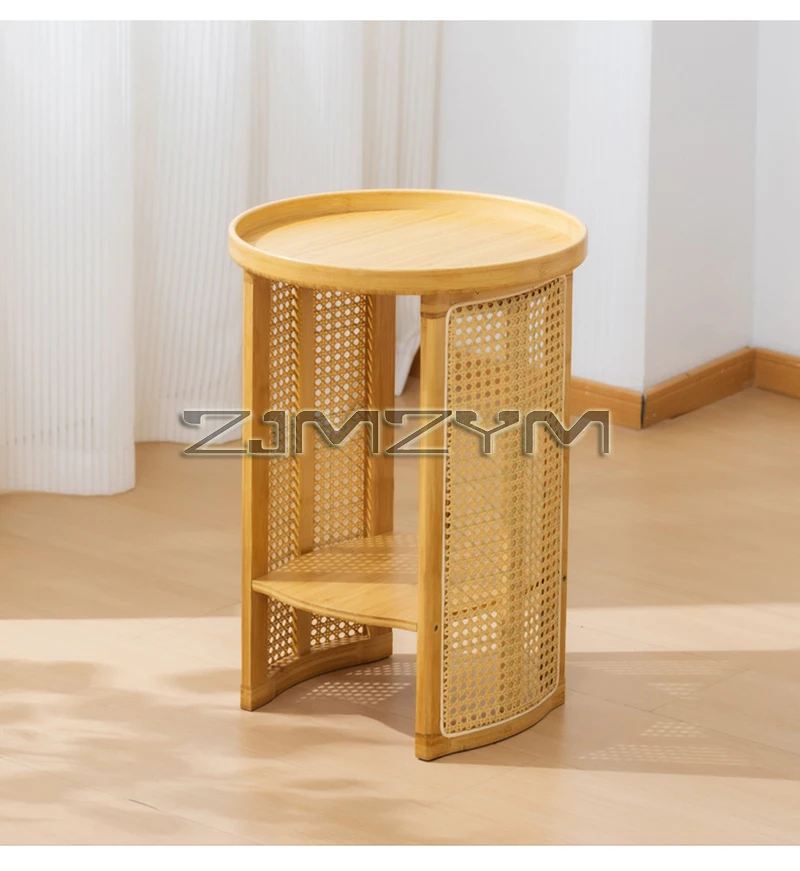 Rattan Side Table Sofa Storage Corner Desk Small Round Coffee Table Double-Layer Edge Bedside Table Balcony Sides Tables