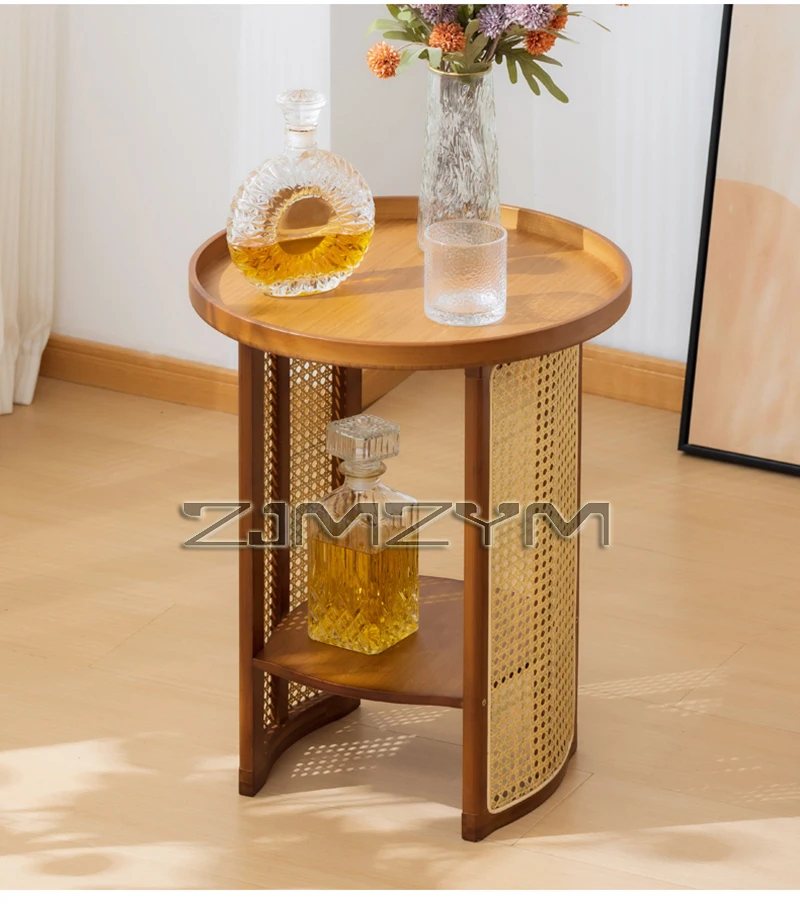 Rattan Side Table Sofa Storage Corner Desk Small Round Coffee Table Double-Layer Edge Bedside Table Balcony Sides Tables