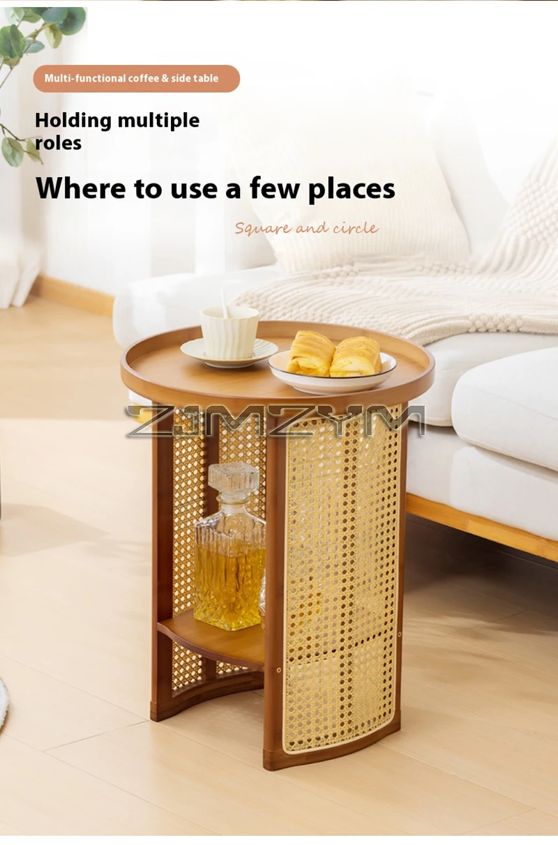 Rattan Side Table Sofa Storage Corner Desk Small Round Coffee Table Double-Layer Edge Bedside Table Balcony Sides Tables