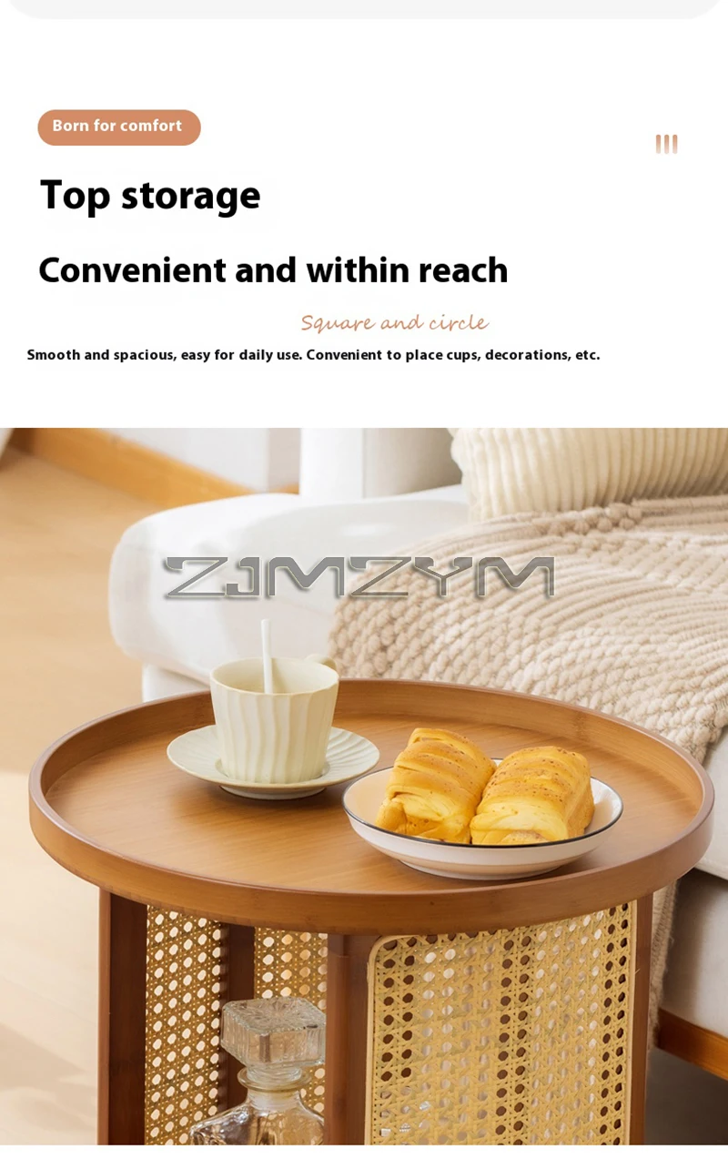 Rattan Side Table Sofa Storage Corner Desk Small Round Coffee Table Double-Layer Edge Bedside Table Balcony Sides Tables