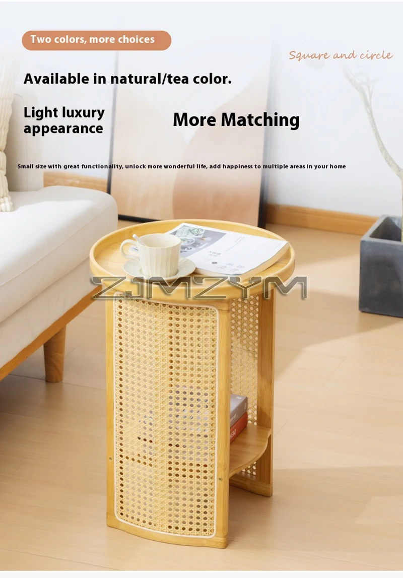 Rattan Side Table Sofa Storage Corner Desk Small Round Coffee Table Double-Layer Edge Bedside Table Balcony Sides Tables