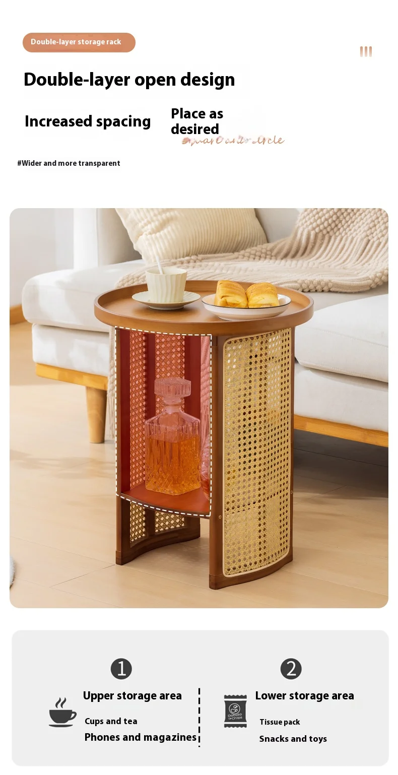 Rattan Side Table Sofa Storage Corner Desk Small Round Coffee Table Double-Layer Edge Bedside Table Balcony Sides Tables