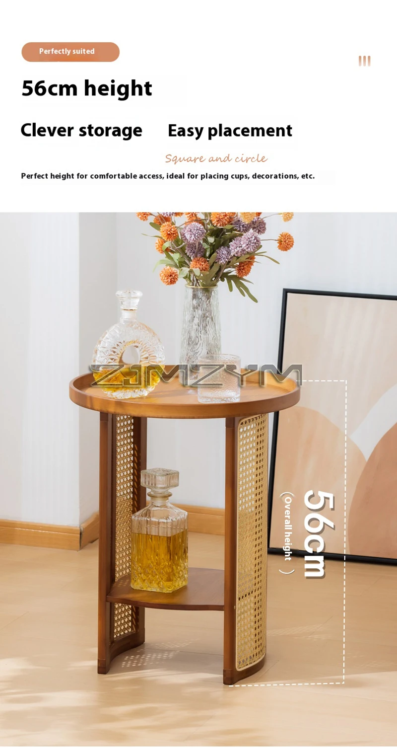 Rattan Side Table Sofa Storage Corner Desk Small Round Coffee Table Double-Layer Edge Bedside Table Balcony Sides Tables