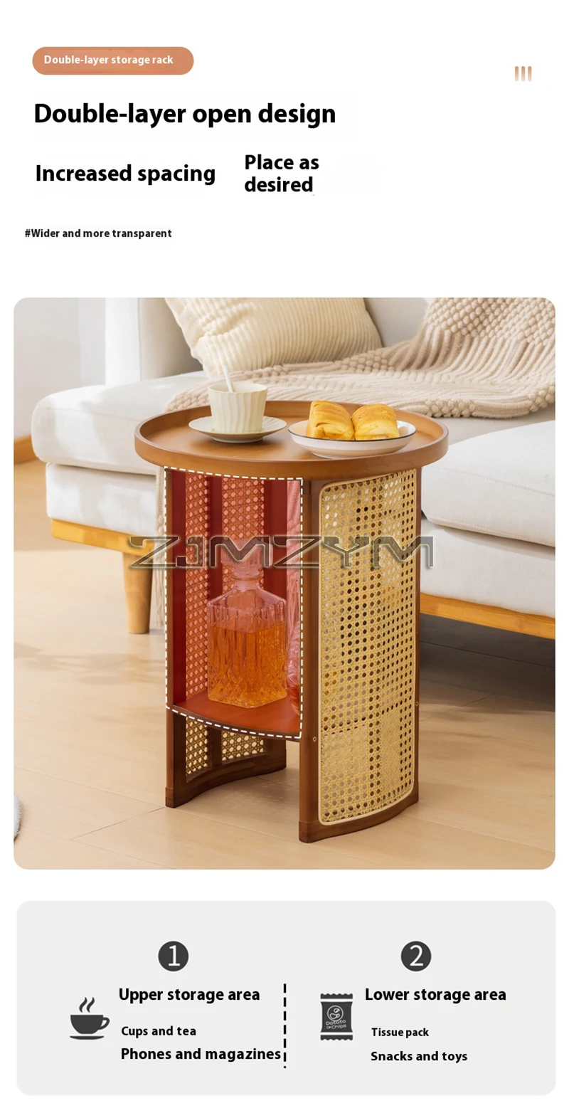 Rattan Side Table Sofa Storage Corner Desk Small Round Coffee Table Double-Layer Edge Bedside Table Balcony Sides Tables