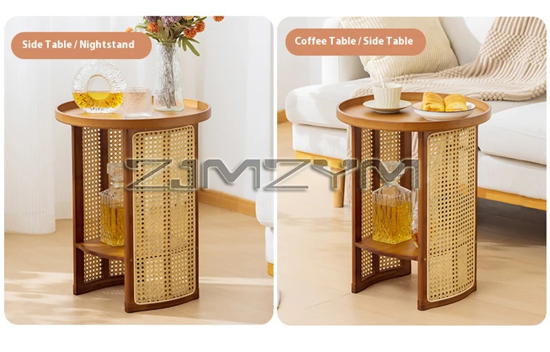 Rattan Side Table Sofa Storage Corner Desk Small Round Coffee Table Double-Layer Edge Bedside Table Balcony Sides Tables
