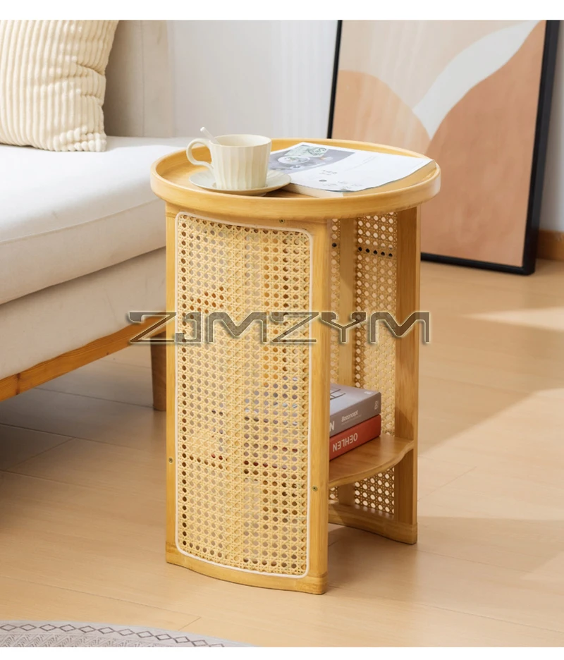 Rattan Side Table Sofa Storage Corner Desk Small Round Coffee Table Double-Layer Edge Bedside Table Balcony Sides Tables