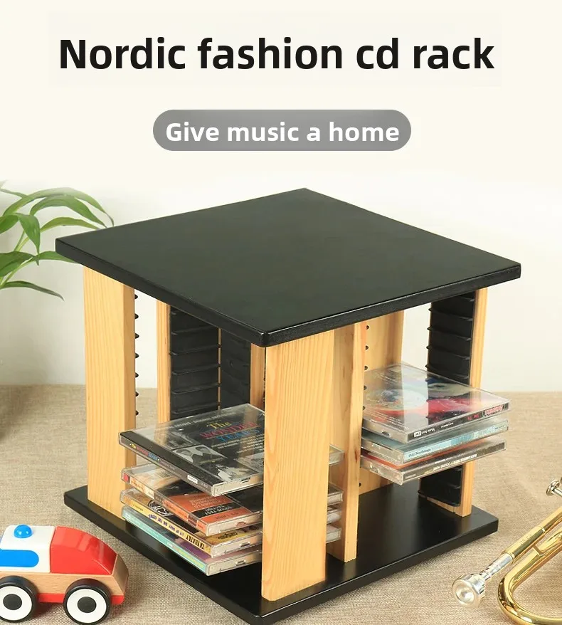Nordic Modern 360° Rotating CD Rack Space-Saving Solid Wood Disc Stand Storage Organizer for CD Collection