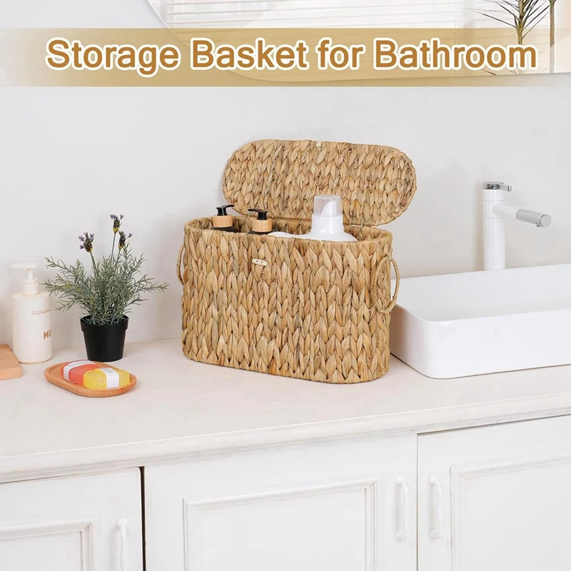 FTGT NEW Toilet Paper Storage Basket, Water Hyacinth Slim Toilet Paper Holder with Lid- Holds Up to 6 Rolls