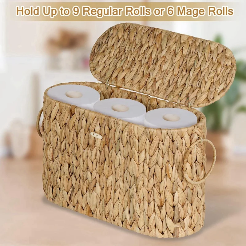 FTGT NEW Toilet Paper Storage Basket, Water Hyacinth Slim Toilet Paper Holder with Lid- Holds Up to 6 Rolls