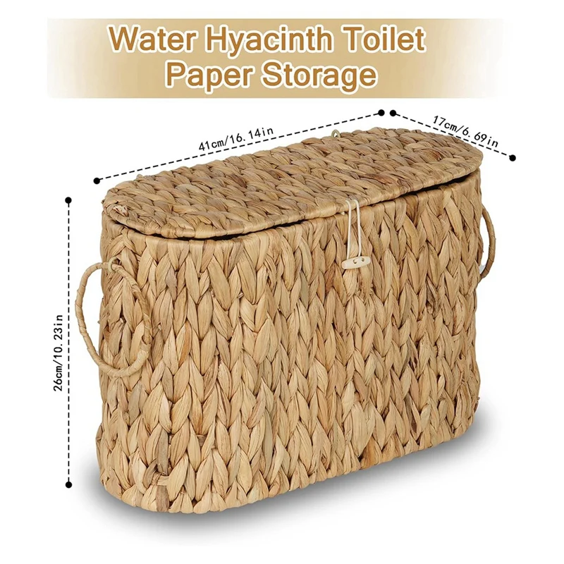 FTGT NEW Toilet Paper Storage Basket, Water Hyacinth Slim Toilet Paper Holder with Lid- Holds Up to 6 Rolls