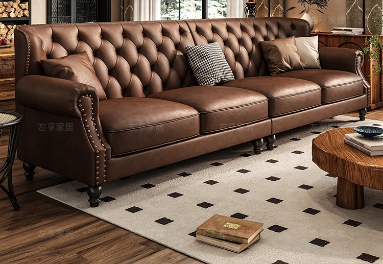 American Retro Sofa Fancy Leather Small Apartment Buckle Sofa First Layer Cowhide Canape Salon Furniture Couch