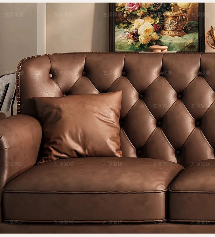 American Retro Sofa Fancy Leather Small Apartment Buckle Sofa First Layer Cowhide Canape Salon Furniture Couch
