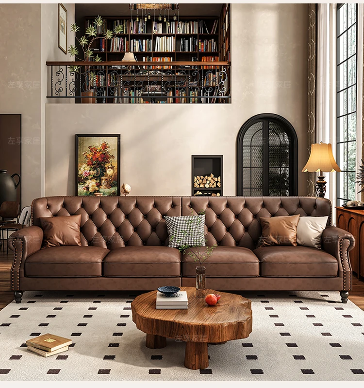 American Retro Sofa Fancy Leather Small Apartment Buckle Sofa First Layer Cowhide Canape Salon Furniture Couch