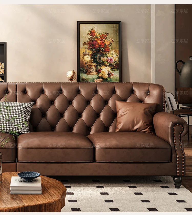 American Retro Sofa Fancy Leather Small Apartment Buckle Sofa First Layer Cowhide Canape Salon Furniture Couch