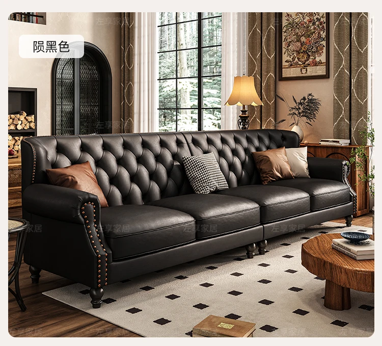 American Retro Sofa Fancy Leather Small Apartment Buckle Sofa First Layer Cowhide Canape Salon Furniture Couch