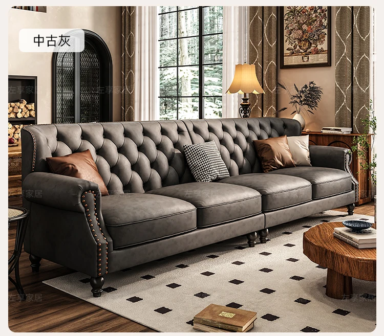 American Retro Sofa Fancy Leather Small Apartment Buckle Sofa First Layer Cowhide Canape Salon Furniture Couch