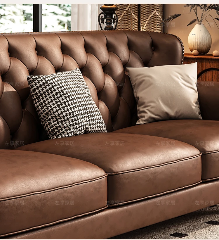 American Retro Sofa Fancy Leather Small Apartment Buckle Sofa First Layer Cowhide Canape Salon Furniture Couch