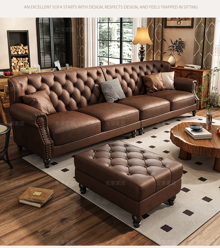 American Retro Sofa Fancy Leather Small Apartment Buckle Sofa First Layer Cowhide Canape Salon Furniture Couch