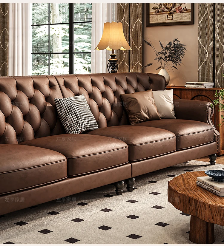 American Retro Sofa Fancy Leather Small Apartment Buckle Sofa First Layer Cowhide Canape Salon Furniture Couch