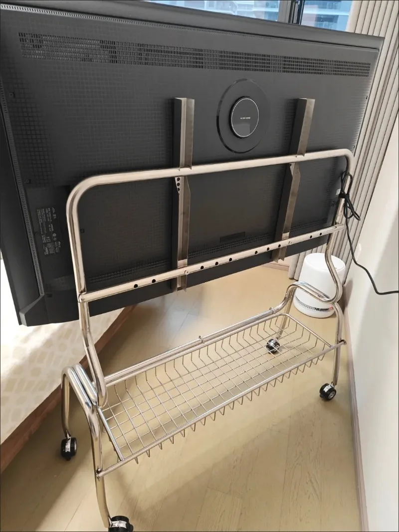 Multifunctional Movable Stainless Steel TV Stand with Storage Basket, Fits 32-75 Inch TVs, Universal for Living Room and Bedroom