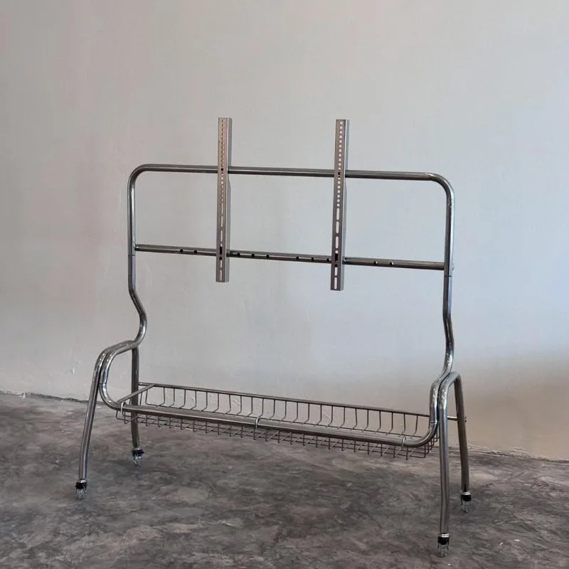 Multifunctional Movable Stainless Steel TV Stand with Storage Basket, Fits 32-75 Inch TVs, Universal for Living Room and Bedroom