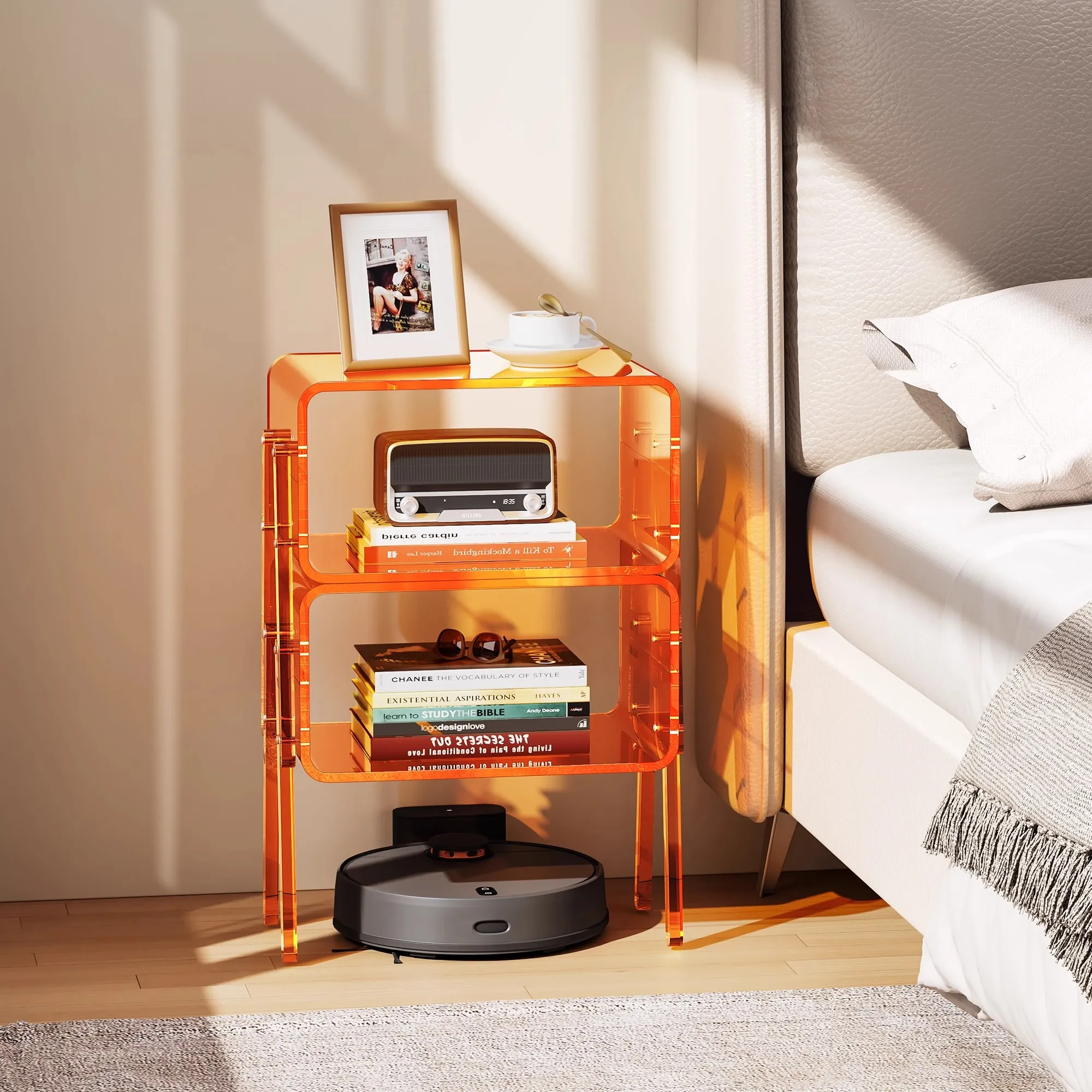 Transparent Side Table for Bedroom, Minimalist Acrylic Nightstand, Space Saving Organizer,Trendy Home Decor for Studio Apartment