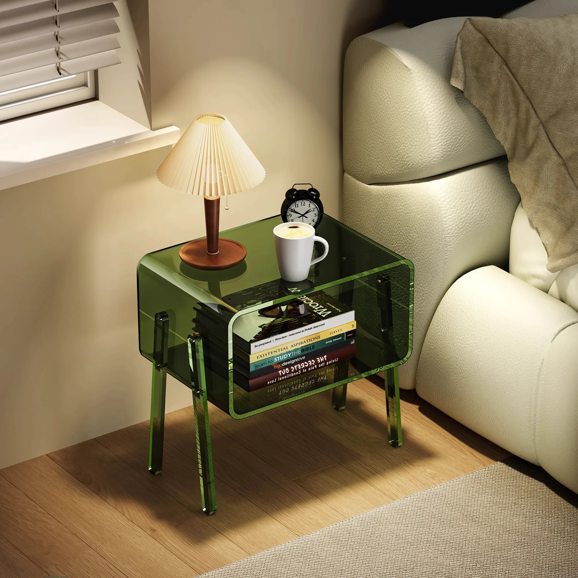 Transparent Side Table for Bedroom, Minimalist Acrylic Nightstand, Space Saving Organizer,Trendy Home Decor for Studio Apartment