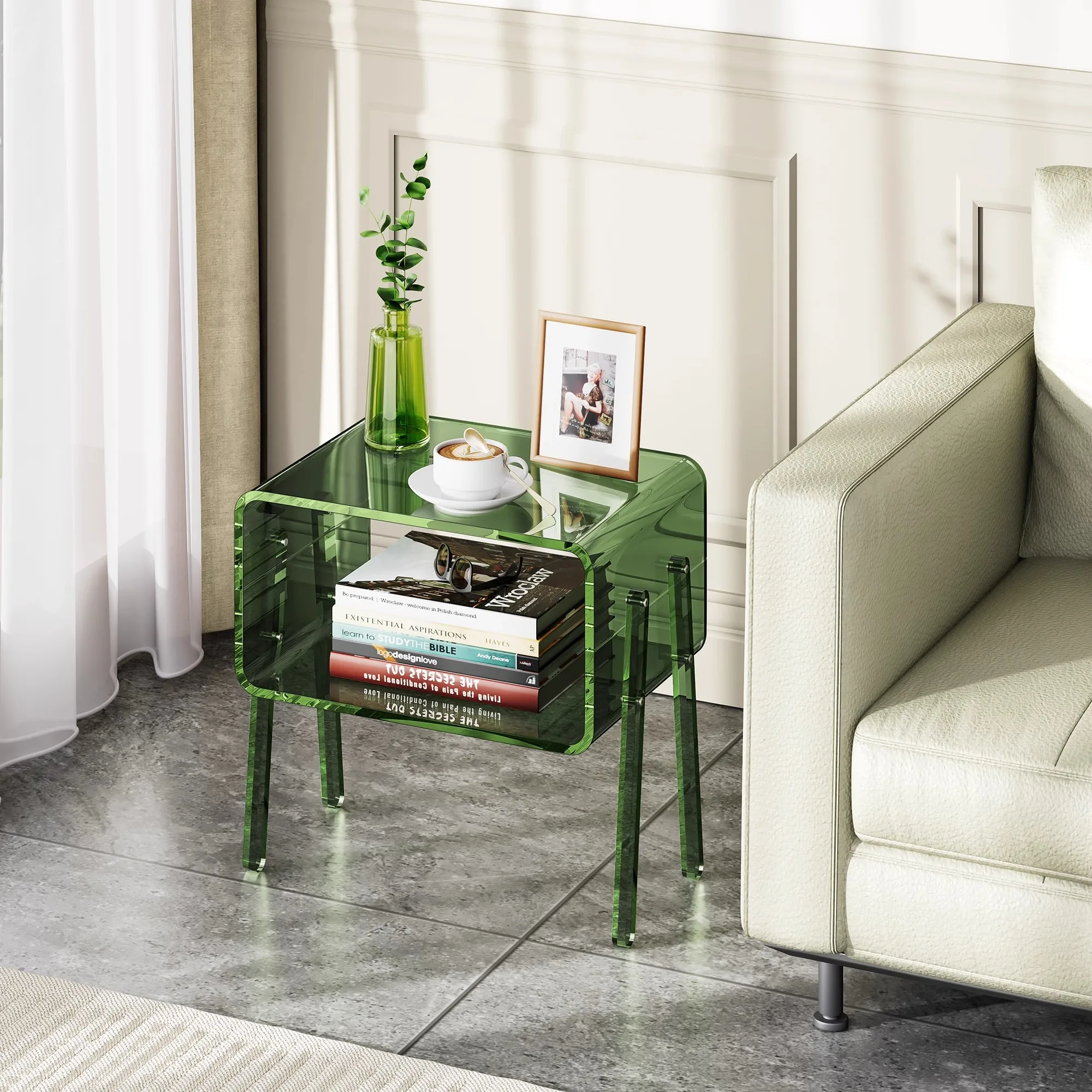 Transparent Side Table for Bedroom, Minimalist Acrylic Nightstand, Space Saving Organizer,Trendy Home Decor for Studio Apartment