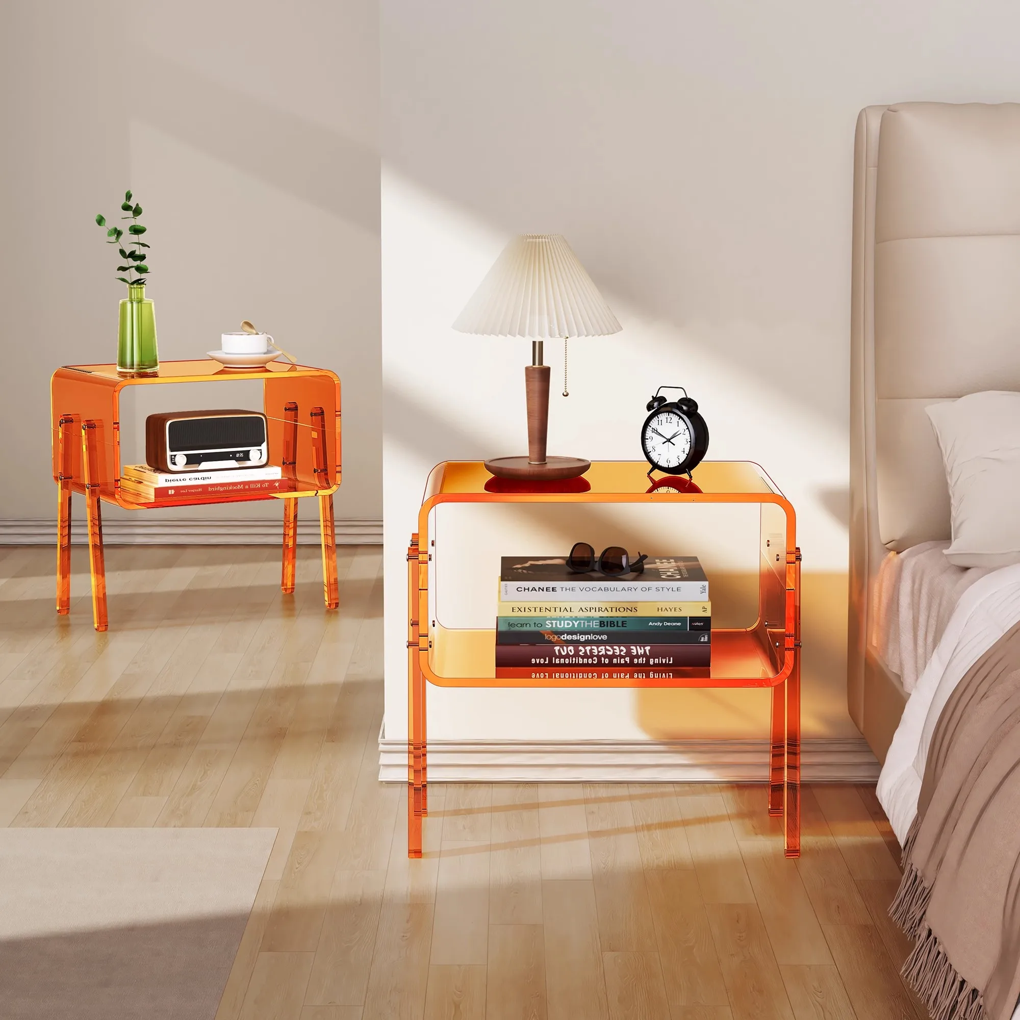 Transparent Side Table for Bedroom, Minimalist Acrylic Nightstand, Space Saving Organizer,Trendy Home Decor for Studio Apartment