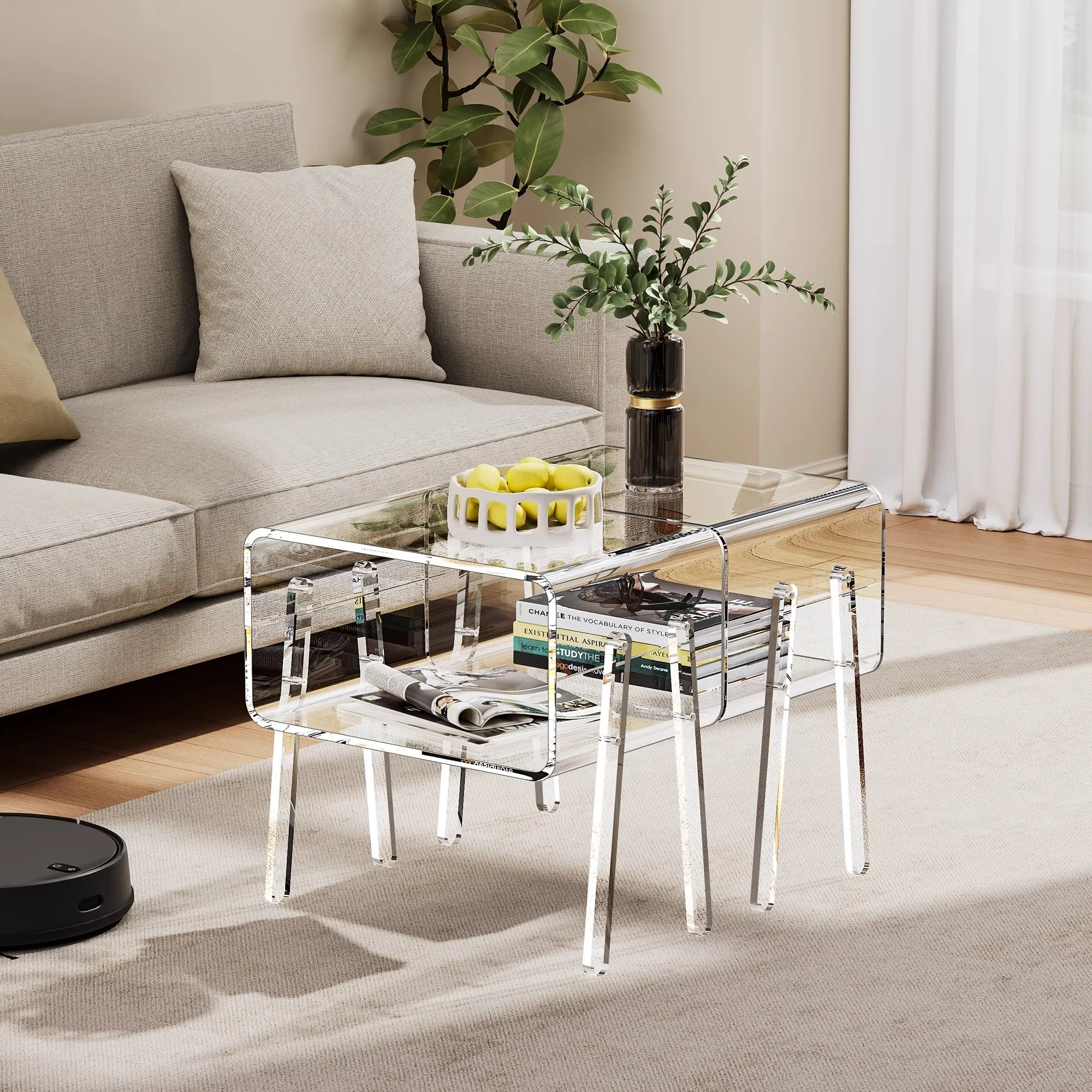Transparent Side Table for Bedroom, Minimalist Acrylic Nightstand, Space Saving Organizer,Trendy Home Decor for Studio Apartment
