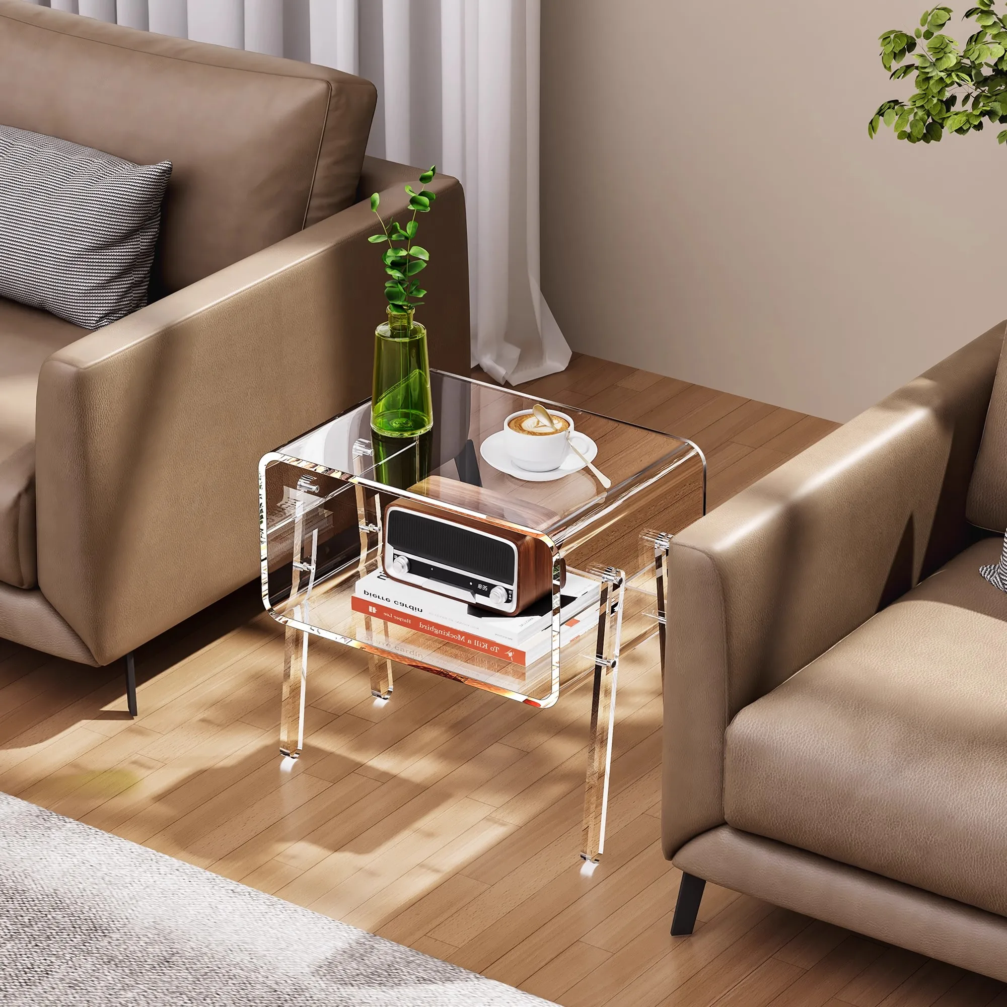 Transparent Side Table for Bedroom, Minimalist Acrylic Nightstand, Space Saving Organizer,Trendy Home Decor for Studio Apartment
