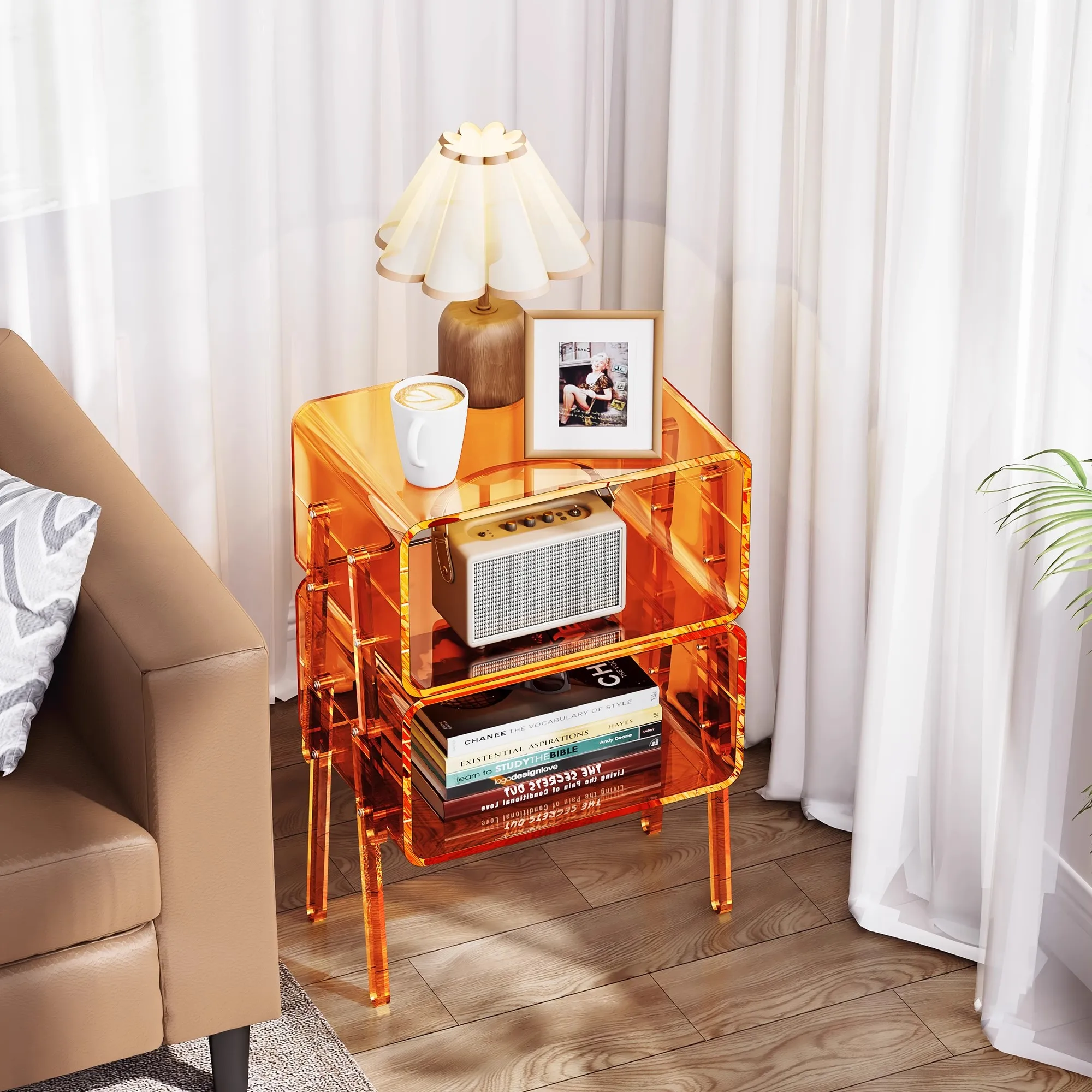 Transparent Side Table for Bedroom, Minimalist Acrylic Nightstand, Space Saving Organizer,Trendy Home Decor for Studio Apartment