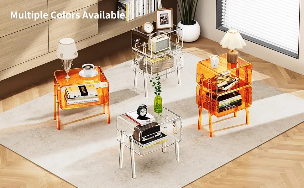 Transparent Side Table for Bedroom, Minimalist Acrylic Nightstand, Space Saving Organizer,Trendy Home Decor for Studio Apartment