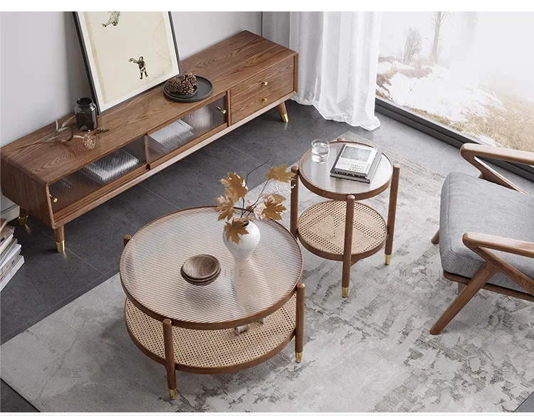 Solid Wood Rattan Woven Coffee Table Living Room Sofa Side Table Japanese Round Glass Table Mobile Storage Ddesk Home Furniture
