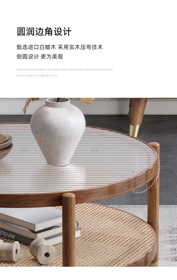 Solid Wood Rattan Woven Coffee Table Living Room Sofa Side Table Japanese Round Glass Table Mobile Storage Ddesk Home Furniture