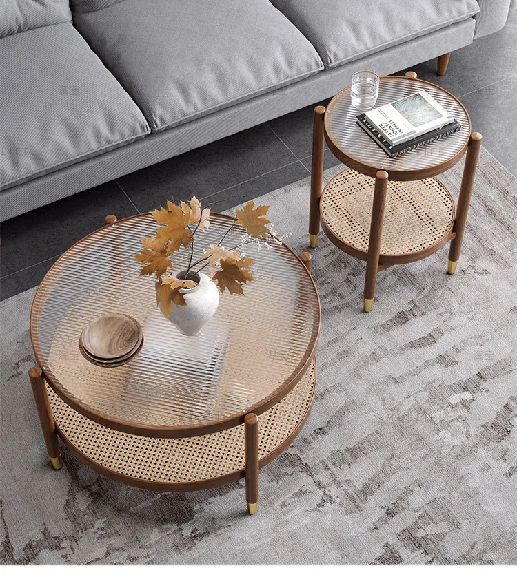Solid Wood Rattan Woven Coffee Table Living Room Sofa Side Table Japanese Round Glass Table Mobile Storage Ddesk Home Furniture
