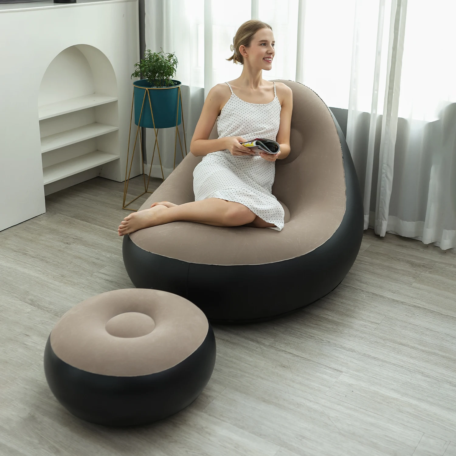 Inflatable Lounge Chair for Adults, Folding Portable Lazy Sofa with Foot Stool ,Air Couch Sofa for Livingroom and Bedroom