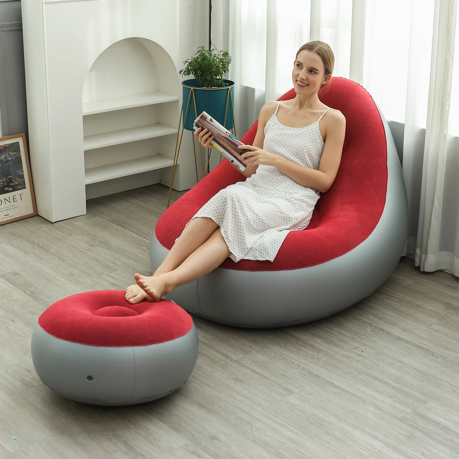 Inflatable Lounge Chair for Adults, Folding Portable Lazy Sofa with Foot Stool ,Air Couch Sofa for Livingroom and Bedroom
