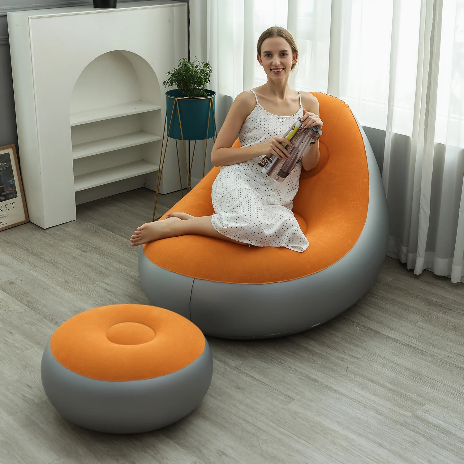 Inflatable Lounge Chair for Adults, Folding Portable Lazy Sofa with Foot Stool ,Air Couch Sofa for Livingroom and Bedroom