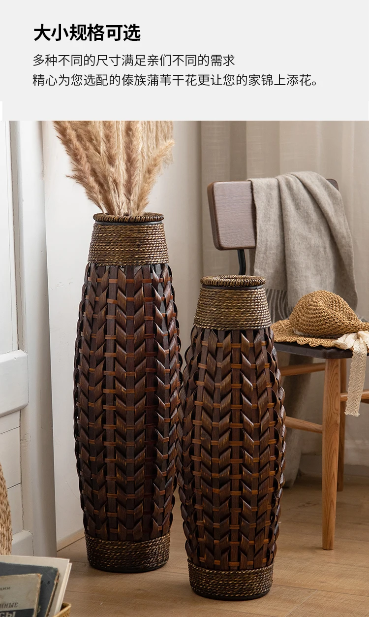 Vintage Rattan Flower Basket Bamboo Woven Vase for Dried/Fresh Flowers Boho Home Decor Planter Farmhouse Living Room Centerpiece