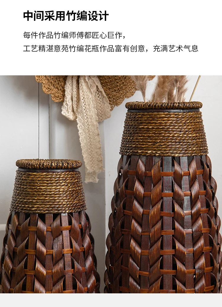 Vintage Rattan Flower Basket Bamboo Woven Vase for Dried/Fresh Flowers Boho Home Decor Planter Farmhouse Living Room Centerpiece
