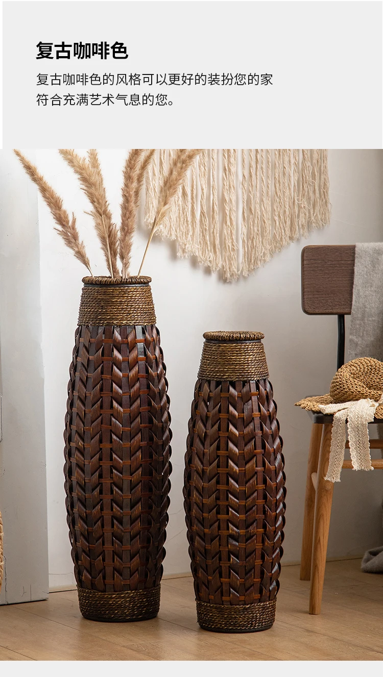 Vintage Rattan Flower Basket Bamboo Woven Vase for Dried/Fresh Flowers Boho Home Decor Planter Farmhouse Living Room Centerpiece