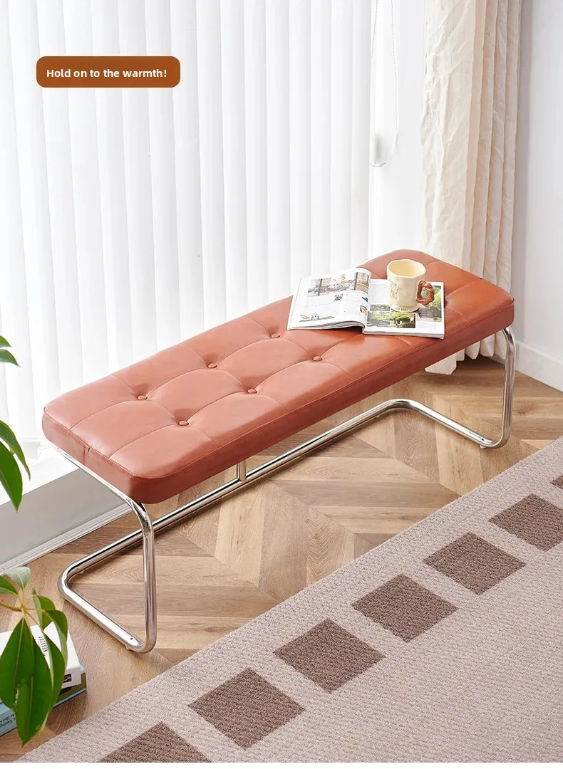 Vintage Mid-Century Bench with Metal Legs, Cat Claw Upholstery Entryway Shoe Seat, Long Makeup Stool for Bedroom Retro Chair