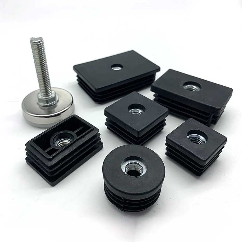 1-100Pcs M8 Adjustable Furniture Feet And Square/Round Tube Plug With Nuts Black Sofa Chair Table Leveler Legs For Furniture