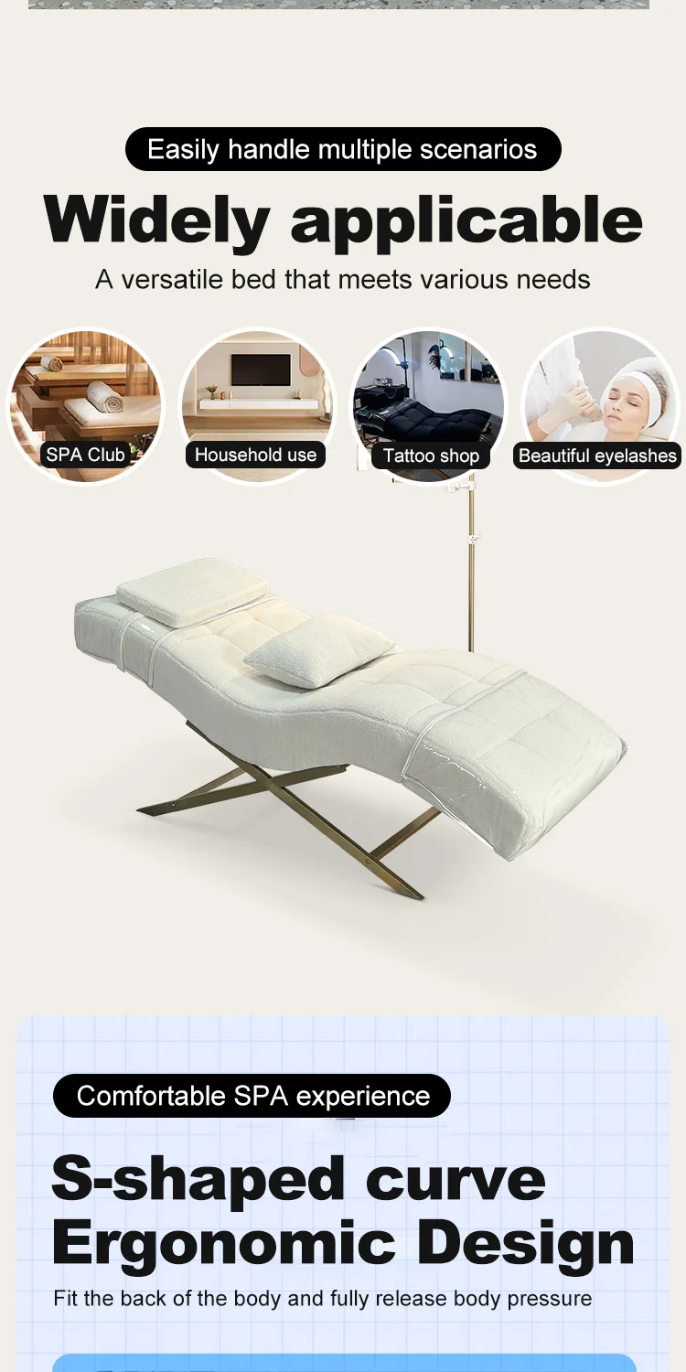 Luxury Tufted Lash Bed Curved Ergonomic Design Gold Metal X-Legs Facial Bed Massage Table Beauty Salon Spa Furniture Esthetician