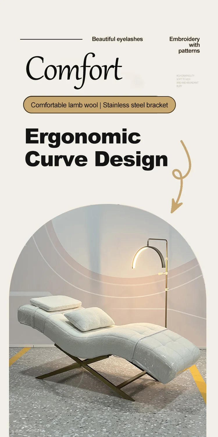 Luxury Tufted Lash Bed Curved Ergonomic Design Gold Metal X-Legs Facial Bed Massage Table Beauty Salon Spa Furniture Esthetician