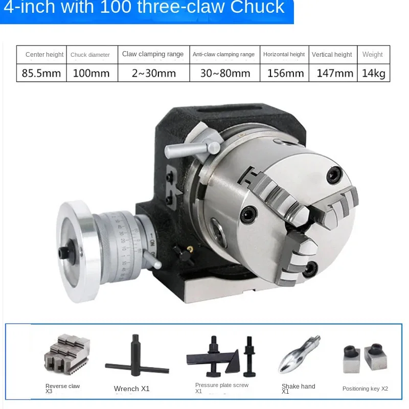 4 Inches Rotary Table Milling Indexing Head Universal Indexing Plate with Three-Jaw Chuck for Vertical And Horizontal Milling